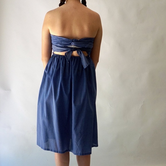 Strapless cotton handmade blue white polkadot dress - Picture 7 of 10